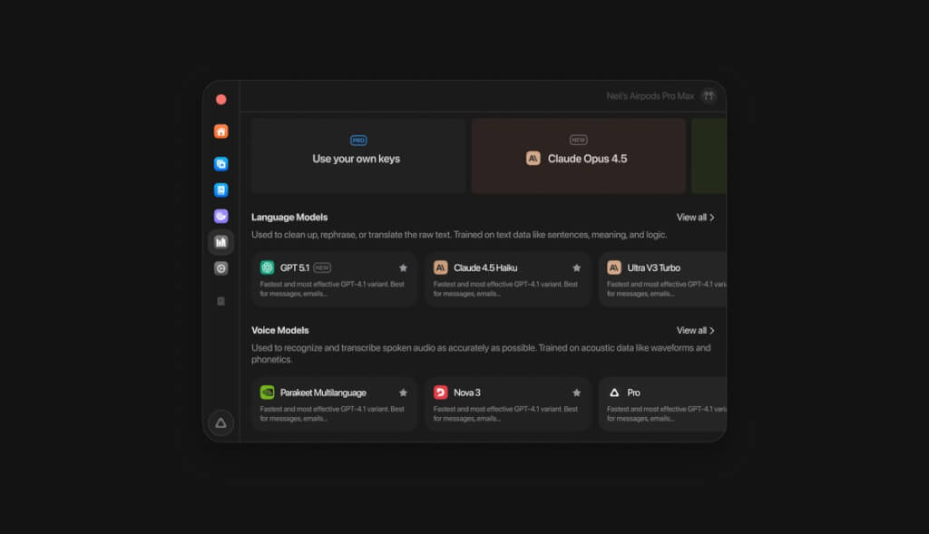 Superwhisper 官方 macOS 语言模型与语音模型管理界面